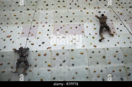 Republic of Korea Marine Staff Sgt. Kiseok Parks (left), a team leader with 1st Reconnaissance Battalion, 1st Marine Division climbs a rock wall with U.S. Marine Capt. Ben Skarzynski (right) March 24, 2017, near Camp Mujuk, Republic of Korea, during Korea Marine Exercise Program 17-6. Recon Marines from both countries spent the day demonstrating different ways to rappel and rock climb. While each KMEP iteration is unique to the units involved and the training goals, all iterations are designed to increase combined readiness. Skarzynski, a Bethesda, Maryland native, is the platoon commander for Stock Photo