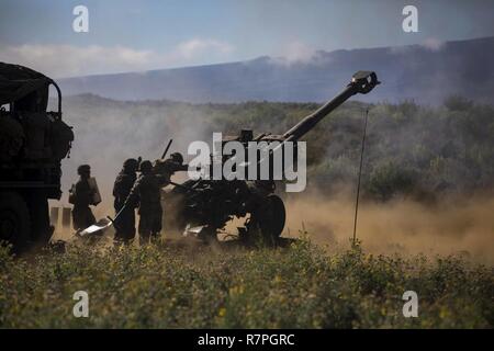 U.S. Marines assigned to Bravo Battery, 1st Battalion, 12th Marine Regiment, operate an M777A2 Lightweight Towed Howitzer during Spartan Fury at the Pohakuloa Training Area, on the big island of Hawaii, March 23, 2017. Spartan Fury is a Battalion level pre-deployment training exercise designed to improve sustainment training for future deployments. Stock Photo