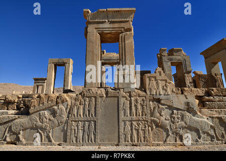 Iran, The beautiful reliefs in the ruins of Ancient Persepolis Complex of Near Eastern civilisation with persian architecture Stock Photo