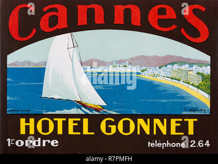 Historic 20th century luggage label for Hotel Gonnet along the French Riviera in Cannes, France Stock Photo
