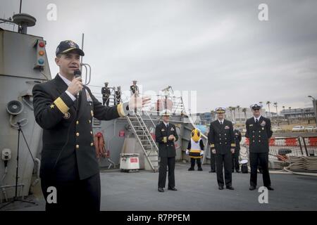 JEJU JOINT CIVIL-MILITARY COMPLEX, Republic of Korea (March 25, 2017) Rear Adm. Brad Cooper, commander of U.S. Naval Forces Korea, speaks to Sailors assigned to the Arleigh Burke-class guided-missile destroyer USS Stethem (DDG 63), the first U.S. Navy vessel to visit Joint Civil-Military Complex on the island of Jeju-do. Stethem is on patrol in the waters east of the Korean peninsula supporting security and stability in the Indo-Asia-Pacific region. Stock Photo