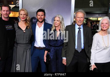 Westwood, California, USA. 10th Dec 2018. WESTWOOD, CA - DECEMBER 10: (L-R) Sculptor Stacy Poitras, actress Alison Eastwood, Christina Sandera, actor Scott Eastwood, director/producer/actor Clint Eastwood and Maggie Johnson attend the World Premiere of Warner Bros. Pictures' 'The Mule' on December 10, 2018 at Regency Village Theatre in Westwood, California. Photo by Barry King/Alamy Live News Stock Photo