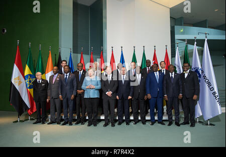 Group photo: back row from left to right: EU Council President Sebastian KURZ (Austria), Prime Minister Abiy AHMED ALI (Ethiopia), Director Christine LAGARDE (IMF), President Nana Addo Dankwa Akufo-Addo (Ghana), President Cyril RAMAPHOSA (South Africa), President of the World Bank Jim Yong KIM (WB), Chairman Moussa Faki MAHAMAT (AU Commission), Economic and Finance Minister Mohcine JAZOULI (Morocco). Front row from left to right: President Beji Caid ESSEBSBI (Tunisia), President Alpha CONDE (Guinea), President Faure GNASSINGBE (Togo), President Paul KAGAME (Rwanda), Chancellor Dr. Angela MERKE Stock Photo