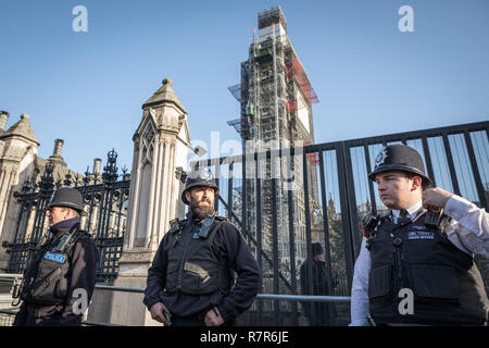 London, UK. 11th December, 2018. Police officers stand guard outside the Palace gates moments after officers tasered and arrested a man inside the entrance to the grounds of the UK's Houses of Parliament. London's Metropolitan Police confirmed in a statement that the man was 'detained and arrested by Carriage Gates inside the Palace of Westminster on suspicion of trespassing at a protected site.' Credit: Guy Corbishley/Alamy Live News Stock Photo
