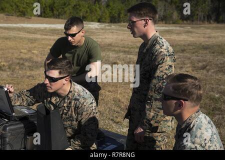 Marines conduct final preparations to a Raven small unmanned aircraft system before its launch at Camp Lejeune, N.C., March 27, 2017. Marines conducted aerial training exercises at Tactical Landing Zone Dove to demonstrate the capabilities and build familiarization with the SUAS. The Marines are with 2nd Battalion, 8th Marine Regiment. Stock Photo