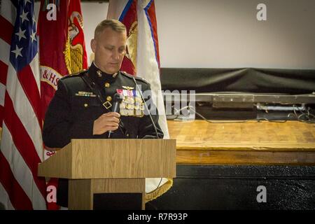 Col. Peter Buck addresses guests during a National  Montford Point Marine Association’s Congressional  Gold Medal presentation ceremony aboard Marine  Corps Air Station Beaufort, March 25. The medal was  awarded posthumously to Willis Jameson and accepted  by a family member, retired Sgt. Maj. Julius Jameson.  Buck is the commanding officer of MCAS Beaufort. Stock Photo