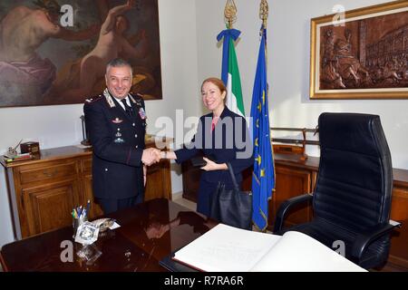 Brig. Gen. Giovanni Pietro Barbano, Center of Excellence for Stability Police Units (CoESPU) director, welcomes Ms. Kelly Degnan, Charge’ d’Affaires and interim U.S. Embassy & Consulates Italy, during visit at Center of Excellence for Stability Police Units (CoESPU) Vicenza, Italy, Mar. 30, 2017.