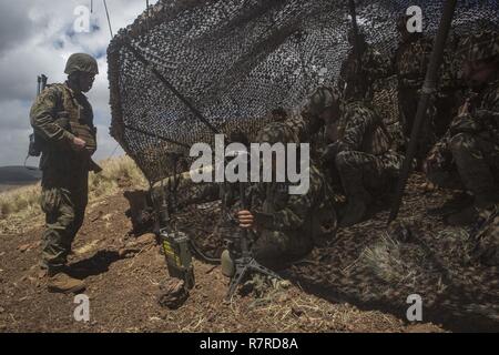 U.S. Marine Col. Chris Lewis, Commanding Officer, 1st Battalion, 12th Marine Regiment, speaks with forward observers during Spartan Fury at the Pohakuloa Training Area, on the big island of Hawaii, March 21, 2017. Spartan Fury is a Battalion level pre-deployment training exercise designed to improve sustainment training for future deployments. Stock Photo