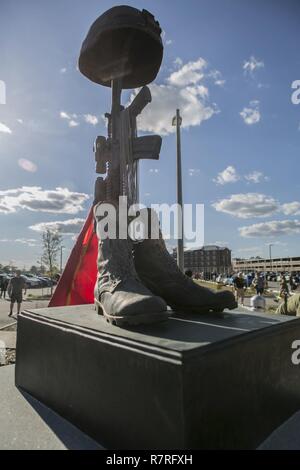 A memorial of the 29 U.S. Marines with Combat Engineer Battalion (CEB), 2nd Marine Division (2d MARDIV), who had fallen in Operation Iraqi Freedom as well as Operation Enduring Freedom is located at Camp Lejeune N.C., April 1, 2017. The statue stands as a reminder of the Marines who gave the ultimate sacrifice for their country. Stock Photo