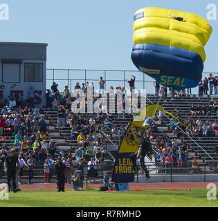 LONG BEACH, Miss. (April 03, 2017) Special Operator 1st Class Timmy Holland, member of the U.S. Navy Parachute Team, the Leap Frogs, lands on a football field during a skydiving demonstration at Long Beach High School that was part of Navy Week Gulfport/Biloxi. The Navy Week program serves as the Navy's principal outreach effort in areas of the country without a significant Navy presence. Stock Photo