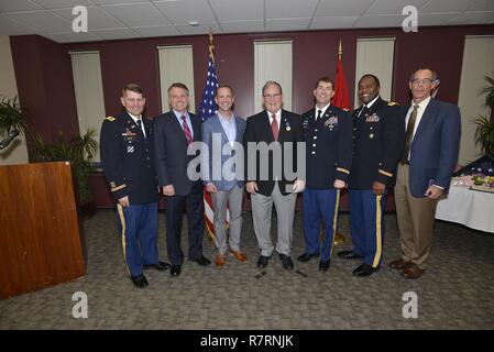 Left to right, former Nashville District commanders: Col. John L. Hudson, National War College; U.S. Army, retired Col. Bernard R. Lindstrom; Col. James A. DeLapp, U.S. Army Corps of Engineers Mobile District commander; retiree Mike Wilson, U.S. Army Corps of Engineers Nashville District deputy district engineer for Project Management;  Lt. Col. Stephen F. Murphy, Nashville District commander; Col. Anthony P. Mitchell, St. Louis District commander and retired Colonel and U.S. Army Corps of Engineers Mobile District deputy district engineer for Project Management, Peter F. Taylor Jr.  (USACE Stock Photo