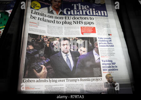 'Cohen admits lying over Trump's Russia project'  Donald Trump lawyer Michael Cohen on front page of Guardian newspaper London UK Stock Photo