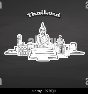 Thailand landmarks on blackboard. Hand-drawn vector illustration. Famous travel destinations series. Stock Vector