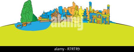 Colorful Thailand panorama. Hand-drawn vector illustration. Famous travel destinations series. Stock Vector