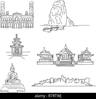 Thailand famous outline landmarks. Hand-drawn vector illustration. Famous travel destinations series. Stock Vector