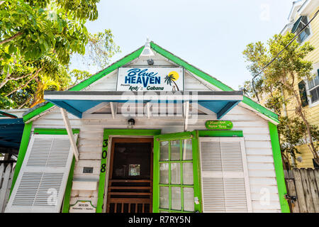 Key West, USA - May 1, 2018: Tropical restaurant called Blue Heaven Andy's cabana, jungle style architecture in Florida on travel, sunny day, bar Stock Photo