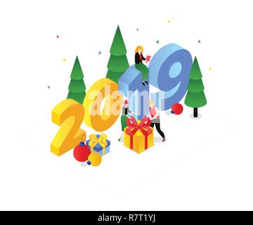 Happy New Year - modern colorful isometric vector illustration Stock Vector