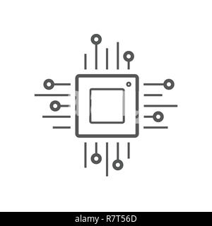 Microchip line icon. CPU, Central processing unit, computer processor, chip symbol in circle. Simple round icon isolated on black background. Creative modern vector logo Stock Vector