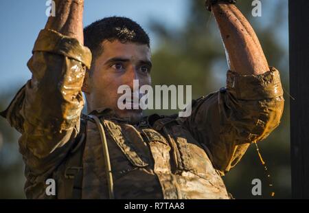 U.S. Army Staff Sgt. Joshua Rodriguez, a 173rd Airborne Brigade Combat Team Ranger, performs pull-ups during the Best Ranger Competition 2017 in Fort Benning, Ga., April 7, 2017. The 34th annual David E. Grange Jr. Best Ranger Competition 2017 is a three-day event consisting of challenges to test competitor's physical, mental, and technical capabilities. Stock Photo
