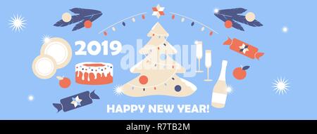 Vector illustration Christmas set. Notebook and  tree, garlands, plates, appliances, forks, spoons, postcard, star with letter and Happy New Year titl Stock Vector