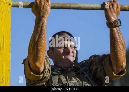 U.S. Army Ranger Spc. Michael Dobre, from U.S. Army Alaska, performs pull-ups at  the Malvesti Obstacle Course during the 34th annual David E. Grange Jr. Best Ranger Competition at Ft. Benning, Ga., Apr. 7, 2017. The Best Ranger competition is a three-day event consisting of challenges to test competitor's physical, mental, and technical capabilities, and places the military's best two-man Ranger teams against each other to compete for the title of Best Ranger. Stock Photo