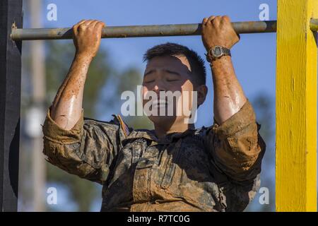 U.S. Army Ranger 1st Lt. Joseph Jeon, from the 3rd Infantry Division, performs pull-ups at  the Malvesti Obstacle Course during the 34th annual David E. Grange Jr. Best Ranger Competition at Ft. Benning, Ga., Apr. 7, 2017. The Best Ranger competition is a three-day event consisting of challenges to test competitor's physical, mental, and technical capabilities, and places the military's best two-man Ranger teams against each other to compete for the title of Best Ranger. Stock Photo