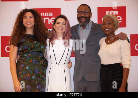 L-R Director Mahalia Belo and actors Hayley Atwell, Lenny Henry and Tamara Lawrance, the lead actors in the cast of the BBC adaptation of Andrea Levy' Stock Photo