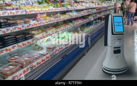smart retail concept, robot service use for check the data of or Stores that stock goods on shelves with easily-viewed barcode and prices or photo com Stock Photo