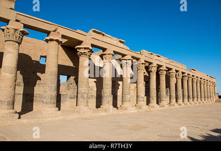 Hieroglypic carvings and columns in ancient egyptian Temple of Isis at Philae Island Aswan Stock Photo