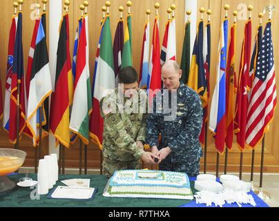 Capt. Steven Blivin, U.S. Naval Hospital (USNH) Naples commanding officer and Lt. Col. John Misenheimer, commander, Allied Forces South (AFSOUTH) Battalion participate in a cake cutting ceremony to celebrate the establishment of a new Army Medical Home. USNH Naples, Italy is the largest Naval Hospital in Europe.  It's comprised of the hospital in Gricignano, Branch Health Clinic Capodichino, and a detachment at Landstuhl Regional Medical Center, Landstuhl, Germany.  USNH Naples' staff serves a diverse population of active duty, family members, NATO members, retirees and several other patients  Stock Photo
