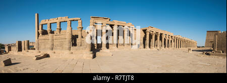 Panoramic view of columns in entrance courtyard at ancient egyptian Temple of Isis Philae Island Aswan Stock Photo
