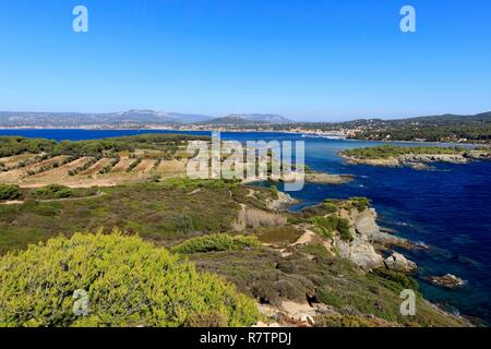 France, Var, Six Fours beaches, Archipel des Embiez, La Tour Fondue island, Grand Gaou island in the background Stock Photo