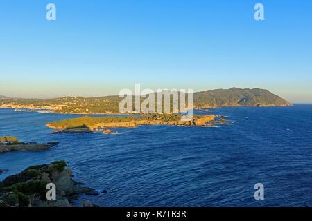 France, Var, Six Fours beaches, Archipel des Embiez, La Tour Fondue island, Grand Gaou island and the Massif of Cap Sicie in the background Stock Photo