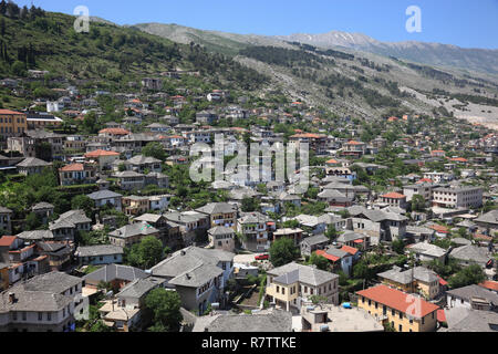 View of Gjirokastra with typical stone covered roofs, UNESCO World Heritage Site, Gjirokaster, Gjirokastër County, Albania Stock Photo