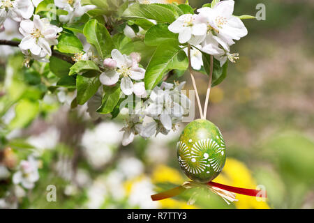 Easter egss hanging on the twig of apple tree in the garden Stock Photo