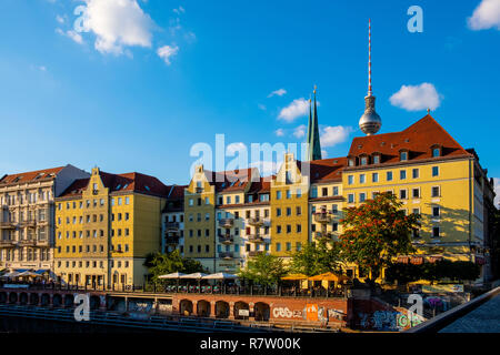 Berlin, Berlin state / Germany - 2018/07/24: Panoramic view of the Historic Mitte quarter of Berlin by the Spree river with Television Tower - Fernseh Stock Photo