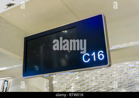 Airport Empty Check In Counter Billboard at Departure Hall Stock Photo