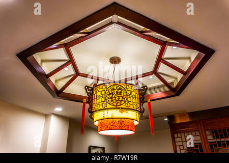 Traditional Chinese Letters Ornaments Lantern Lamp with Lights on Ceiling. Translation: "Luck" Stock Photo