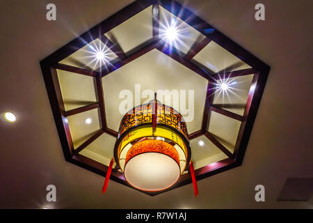 Traditional Chinese Letters Ornaments Lantern Lamp with Lights on Ceiling Stock Photo