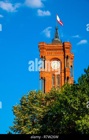 Berlin, Berlin state / Germany - 2018/07/24: Historic Red City Hall building - Rotes Rathaus - at the Alexanderplatz square in the Mitte quarter of Be Stock Photo
