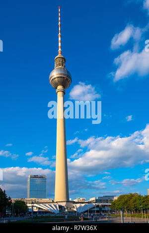 Berlin, Berlin state / Germany - 2018/07/24: Panoramic view of the Television Tower - Fernsehturm - at the Alexanderplatz square in the Mitte quarter  Stock Photo
