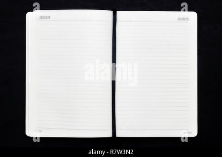 Office dark table. Empty booklet layout, brochure, diary, business portfolio mockup design template on black background. top view, copy Stock Photo