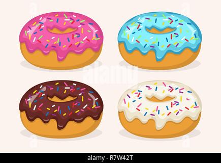 Donuts with different color frosting, set. Side view donuts in glaze, with sprinkles, for cafe menu design, cafe decoration, discount voucher, flyer,  Stock Vector