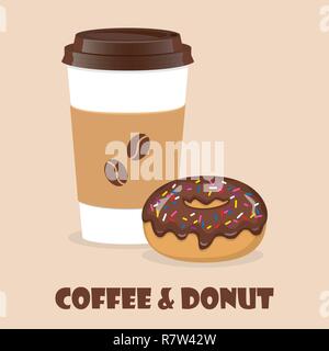 Coffee to go and donut. Vector illustration for discount voucher, flyer, cafe menu, advertising poster Stock Vector