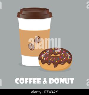 Coffee to go and donut. Vector illustration for discount voucher, flyer, cafe menu, advertising poster Stock Vector