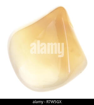 macro photography of natural mineral from geological collection - tumbled transparent agate (chalcedony) gem stone on white background Stock Photo