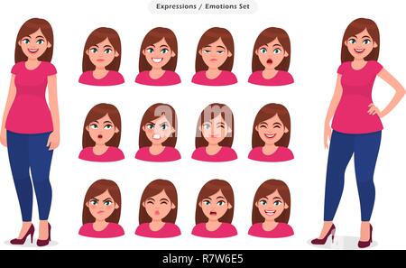 Set of female facial expression. Collection of girl / woman's emotions. Concept illustration in vector cartoon style. Stock Vector