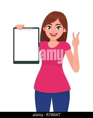 Happy smiling beautiful young woman  holding / showing a blank clipboard and gesture hand victory, V or peace sign while standing. Concept illustratio Stock Vector