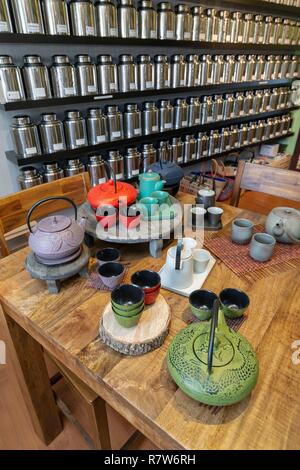 Canada, Province of Quebec, Eastern Townships Region or Estrie, Bromont, Apothecary Shop, Teas, Herbal Teas and Bulk Spices Stock Photo