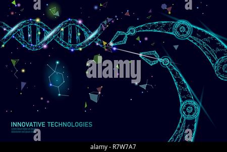 DNA 3D structure editing medicine concept. Low poly polygonal triangle gene therapy cure genetic disease. GMO engineering CRISPR Cas9 innovation modern technology science banner vector illustration Stock Vector